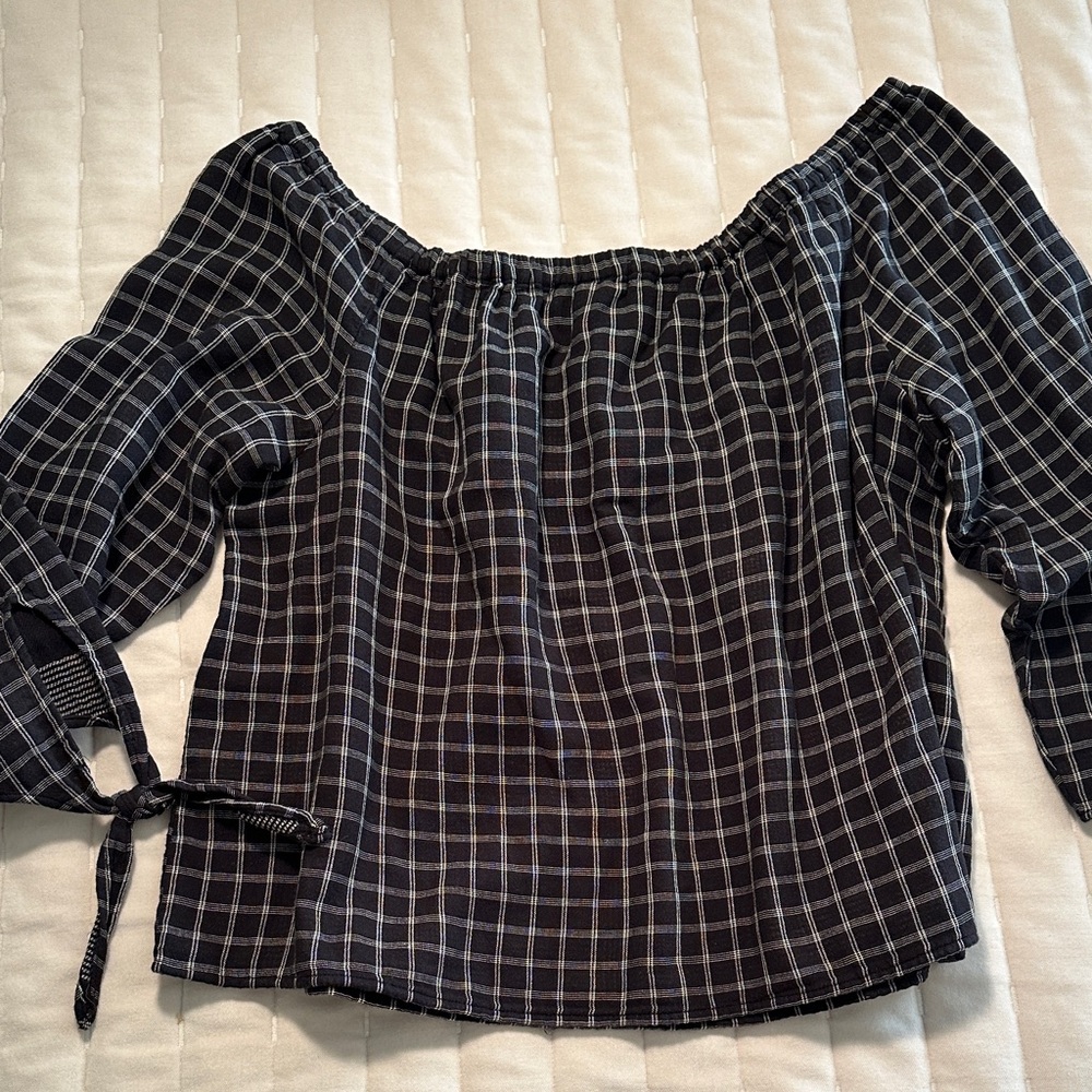 Madewell black Plaid Off-Shoulder Blouse, tie 3/4 sleeve